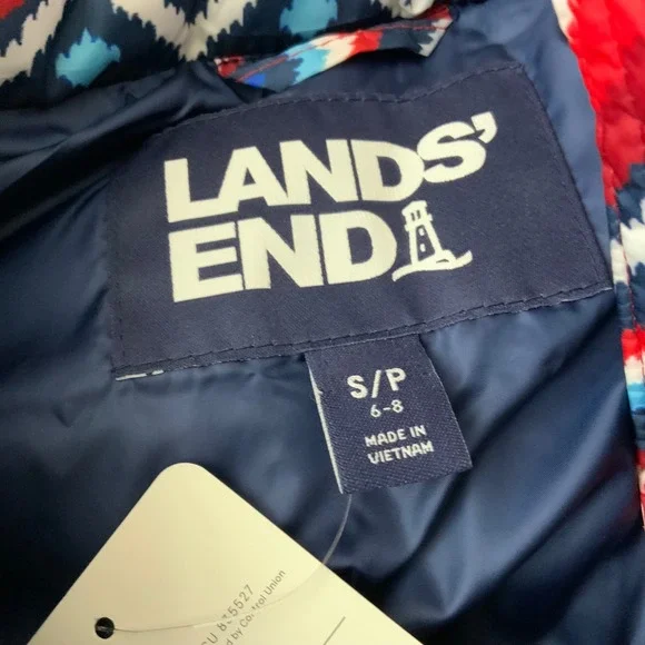 Lands End Women's Puffer Vest Size S/P 6-8 Red Blue White Patterned Down Fill - Picture 4 of 7